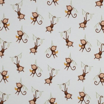 Baumwolljersey kleine Affen auf weiss Bioqualität, Digitaldruck