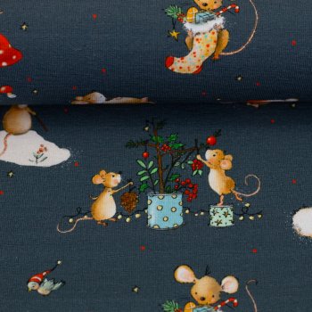 Baumwolljersey Lathi Weihnachtsmäuse blau