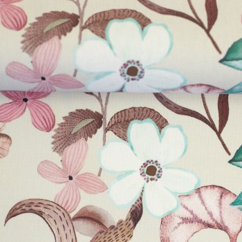 Baumwoll-Canvas WILMA - Blumen Flora altrosa/beige/smaragd