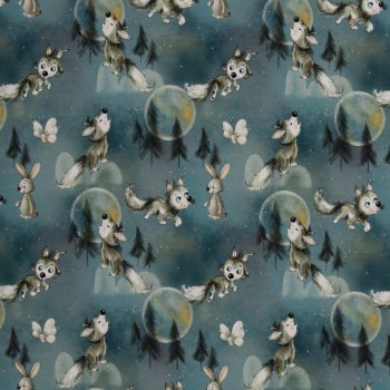 Baumwolljersey Wolf, Hase, Bäumen und Mondmotiven smaragd