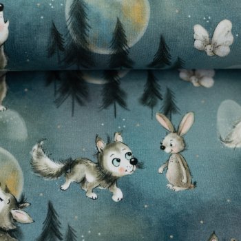 Preview: Baumwolljersey Wolf, Hase, Bäumen und Mondmotiven smaragd
