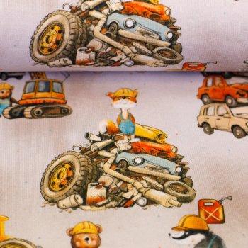 Baumwolljersey Schrottplatz – Tiere, Autos, Bagger