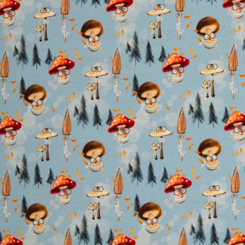 French Terry Pilzfreunde – Pilze & Wald auf hellblau