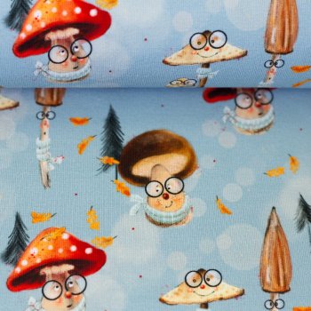 Preview: French Terry Pilzfreunde – Pilze & Wald auf hellblau