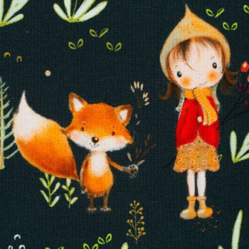Preview: French Terry Waldmädchen und Fuchs – Waldtiere