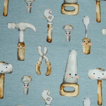 Baumwolljersey Werkzeuge mit Gesicht hellblau