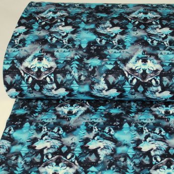 French Terry Mystic Wolf petrol blau schwarz