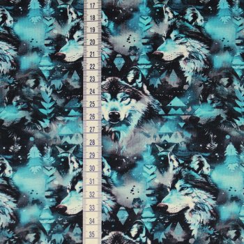French Terry Mystic Wolf petrol blau schwarz