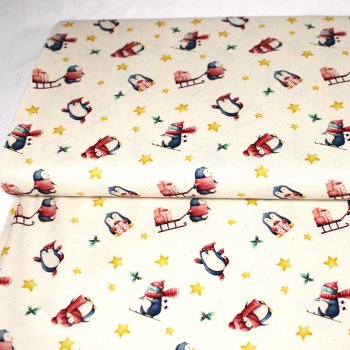 Baumwolle winterliche Pinguine Schlitten, Sterne, Geschenke