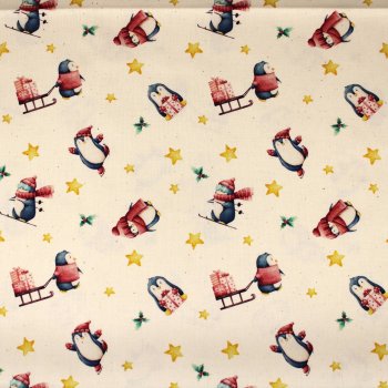 Baumwolle winterliche Pinguine Schlitten, Sterne, Geschenke