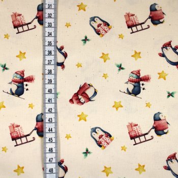 Baumwolle winterliche Pinguine Schlitten, Sterne, Geschenke