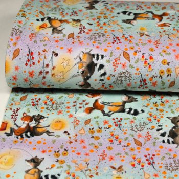 Baumwolljersey Waschbär und Fuchs im Wald