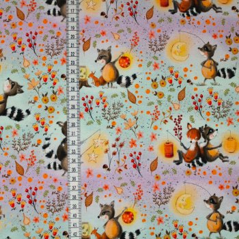 Preview: Baumwolljersey Waschbär und Fuchs im Wald