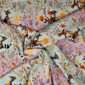 Preview: Baumwolljersey Waschbär und Fuchs im Wald