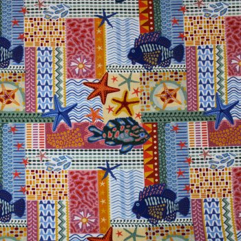 Baumwollstoff Meerestiere Patchwork blau-orange