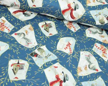 Baumwolle Webware Woodland Buddies Winterliche Patches blau