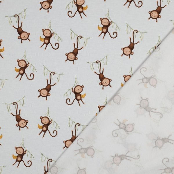 Baumwolljersey kleine Affen auf weiss Bioqualität, Digitaldruck