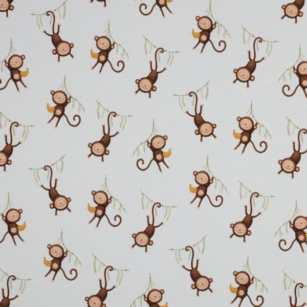 Baumwolljersey kleine Affen auf weiss Bioqualität, Digitaldruck