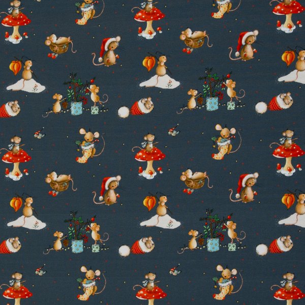 Baumwolljersey Lathi Weihnachtsmäuse blau