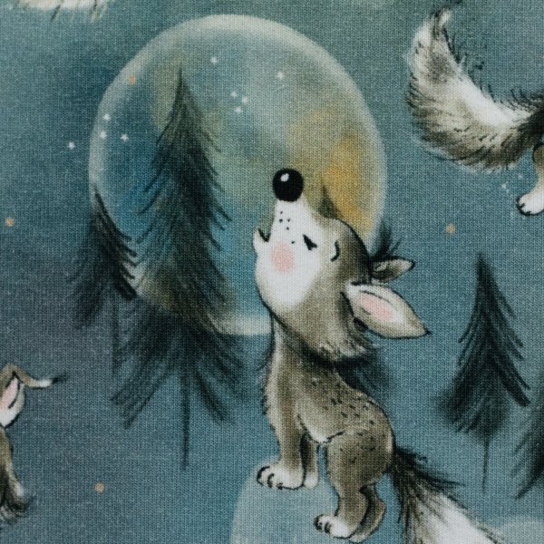 Baumwolljersey Wolf, Hase, Bäumen und Mondmotiven smaragd