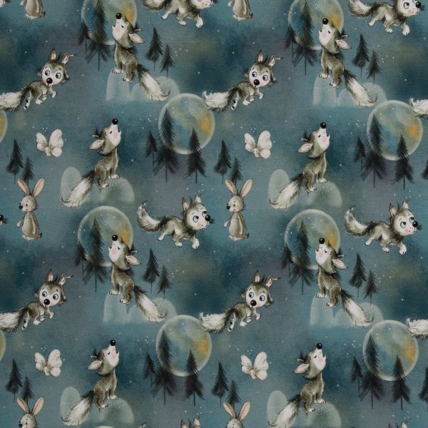 Baumwolljersey Wolf, Hase, Bäumen und Mondmotiven smaragd