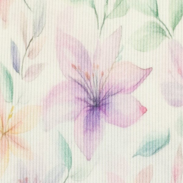Rippjersey Blumen Lilien natur/bunt, Ökotex