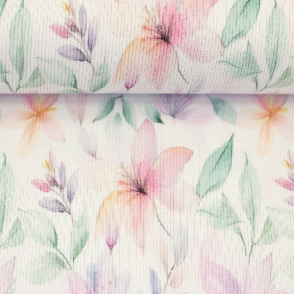 Rippjersey Blumen Lilien natur/bunt, Ökotex
