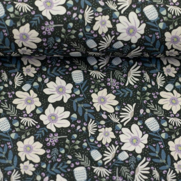 Modaljersey Just Flowers anthrazit/ naturweiss