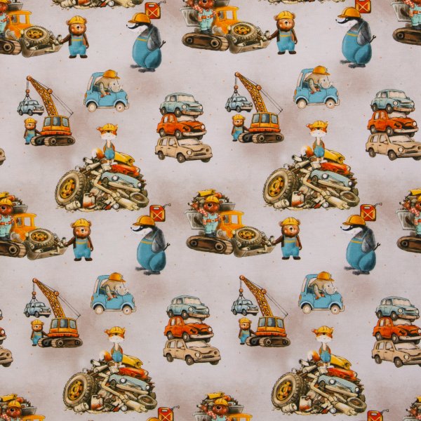 Baumwolljersey Schrottplatz – Tiere, Autos, Bagger