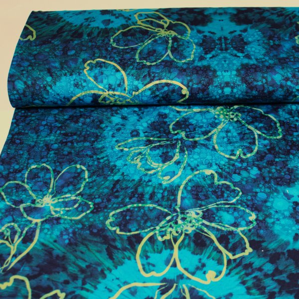 Baumwolljersey Blumen digitaldruck blau-petrol