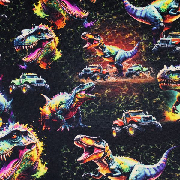 French Terry Electric Dino´s,  Truck´s in schwarz