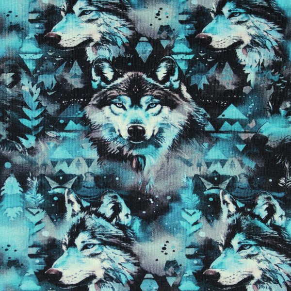 French Terry Mystic Wolf petrol blau schwarz