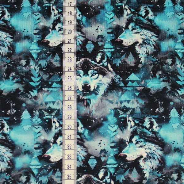 French Terry Mystic Wolf petrol blau schwarz