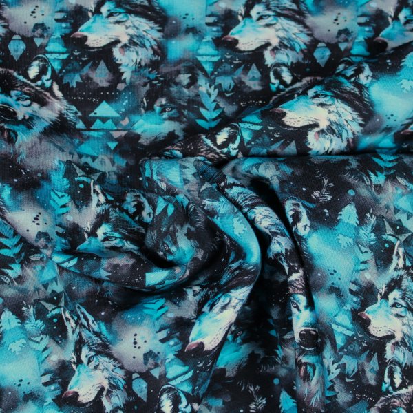French Terry Mystic Wolf petrol blau schwarz