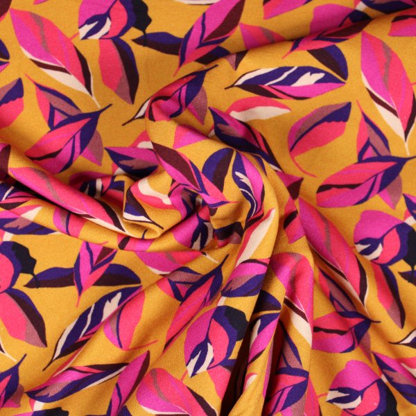 French Terry Blätter pink, lila auf senfgelb