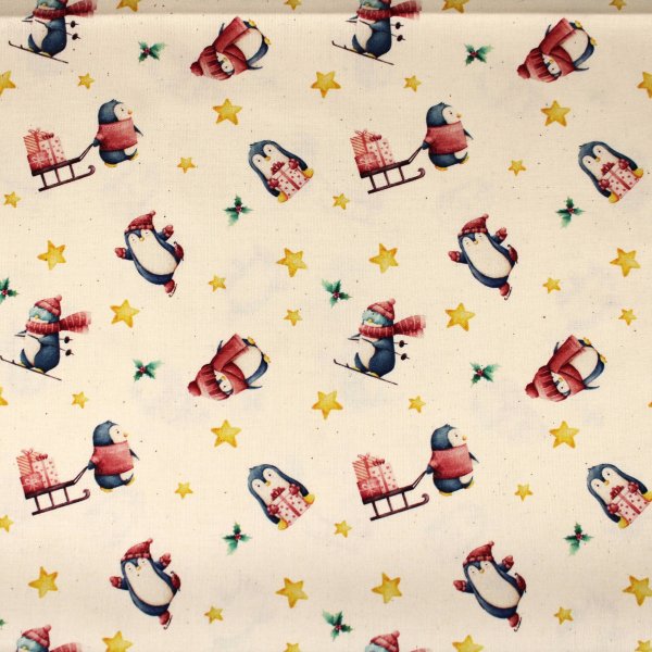 Baumwolle winterliche Pinguine Schlitten, Sterne, Geschenke