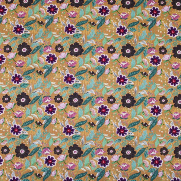 Baumwollwebware Blumenfeld auf ocker