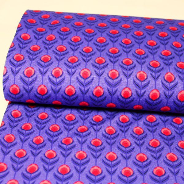 Baumwolljersey rote Blumen auf blau-lila