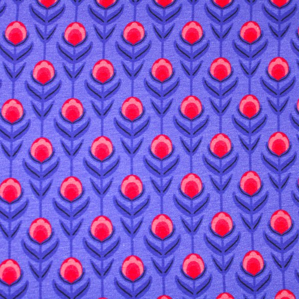 Baumwolljersey rote Blumen auf blau-lila