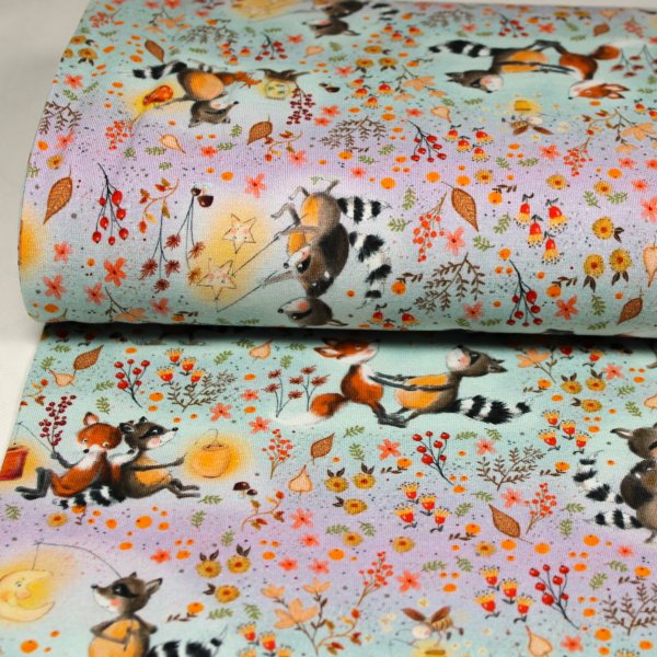 Baumwolljersey Waschbär und Fuchs im Wald