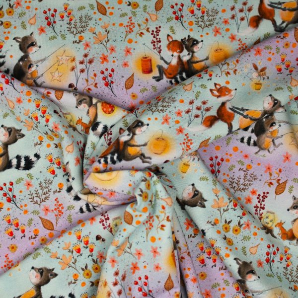 Baumwolljersey Waschbär und Fuchs im Wald