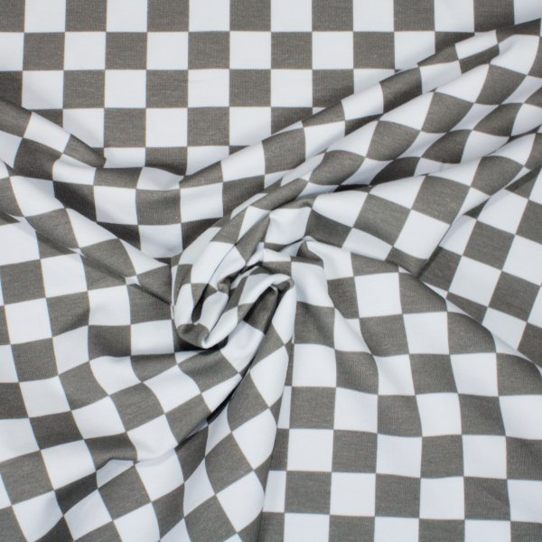 Eigenproduktion Baumwolljersey Karo in grau-weiss