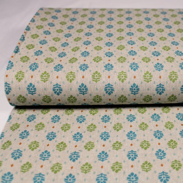 Canvas Dekostoff Leinenoptik Blütenmuster grün-blau